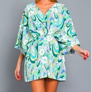 Aakaa Green Floral Kimono Sleeve Shorts Romper